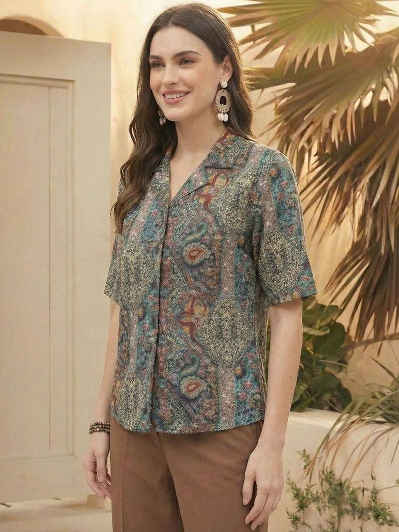 Print Ethnic Satin Shirt Style Top