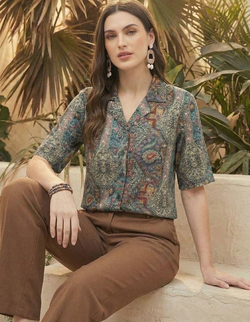 Print Ethnic Satin Shirt Style Top