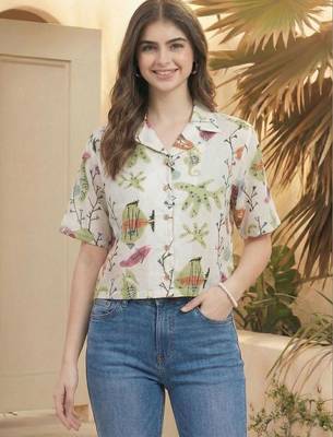 Floral Print Tropical Satin Shirt Style Top 1