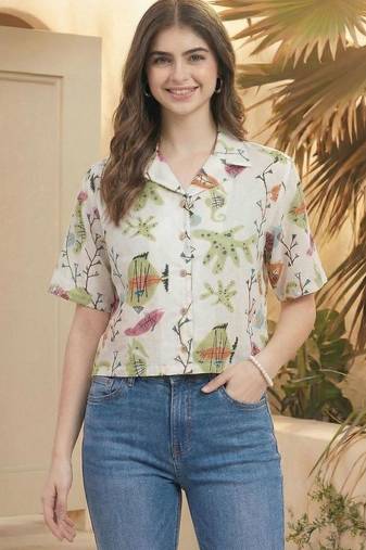 Floral Print Tropical Satin Shirt Style Top