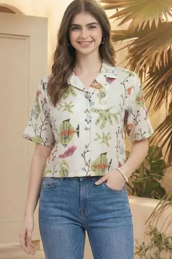 Floral Print Tropical Satin Shirt Style Top