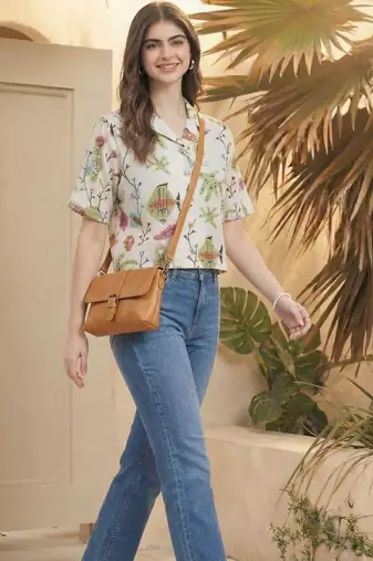 Floral Print Tropical Satin Shirt Style Top