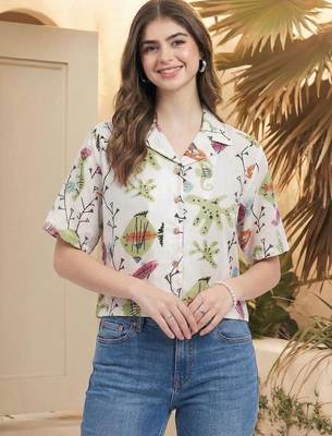 Floral Print Tropical Satin Shirt Style Top 3