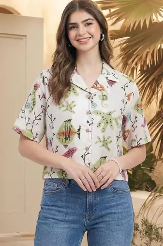 Floral Print Tropical Satin Shirt Style Top