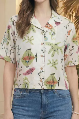 Floral Print Tropical Satin Shirt Style Top