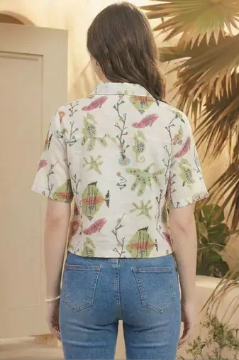 Floral Print Tropical Satin Shirt Style Top