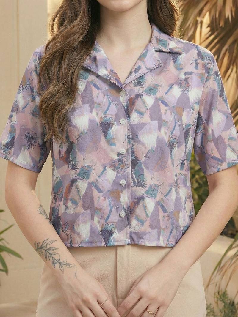 Floral Print Bohemian Satin Shirt Style Top