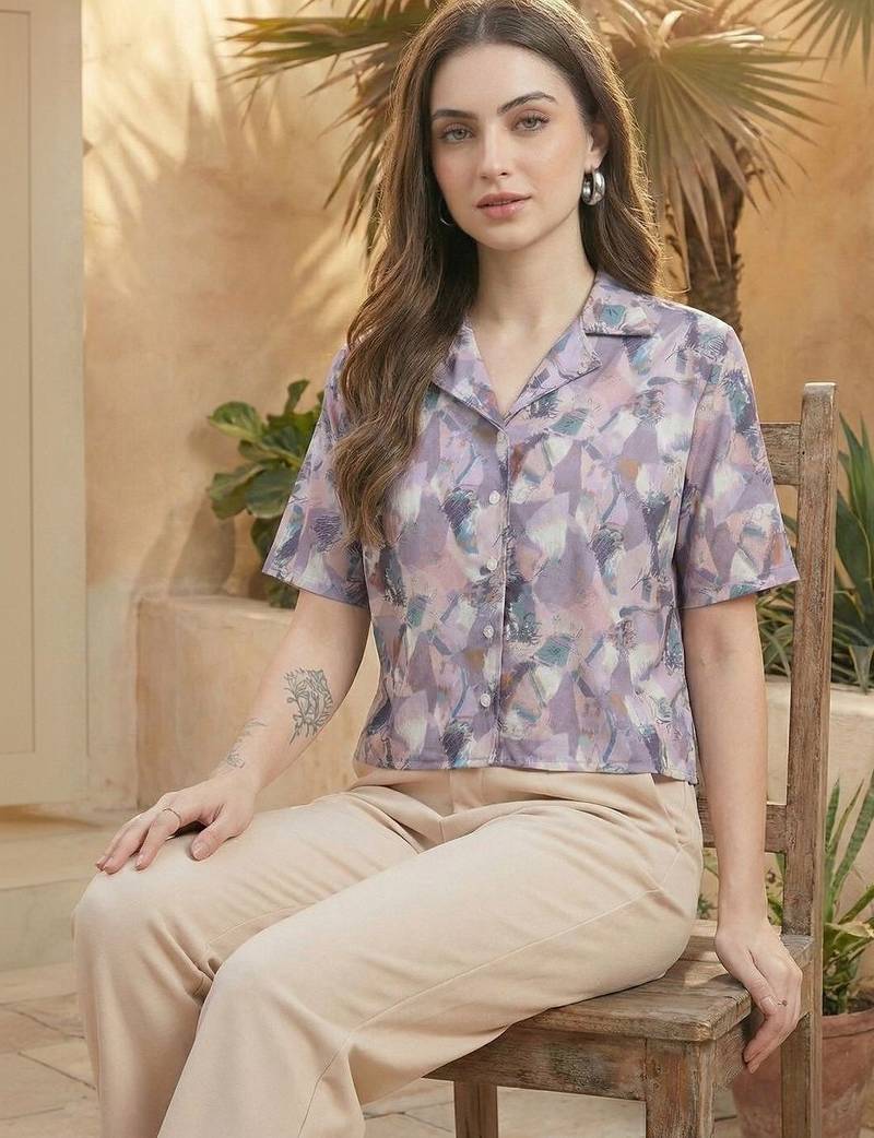 Floral Print Bohemian Satin Shirt Style Top