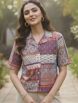 Geometric Print Bohemian Satin Shirt Style Top 1