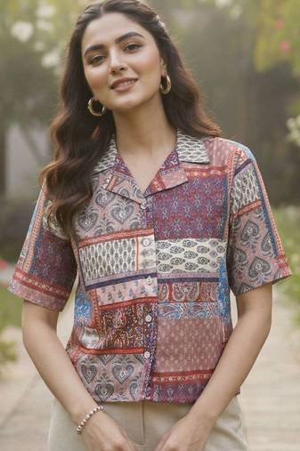 Geometric Print Bohemian Satin Shirt Style Top