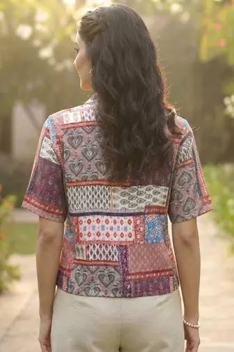 Geometric Print Bohemian Satin Shirt Style Top
