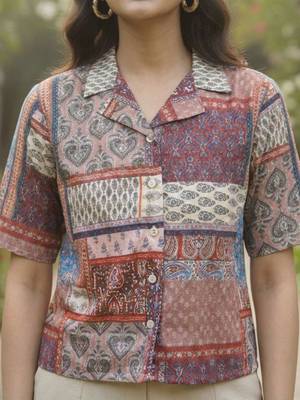 Geometric Print Bohemian Satin Shirt Style Top 3
