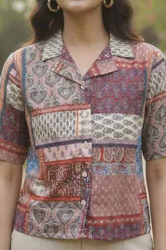 Geometric Print Bohemian Satin Shirt Style Top