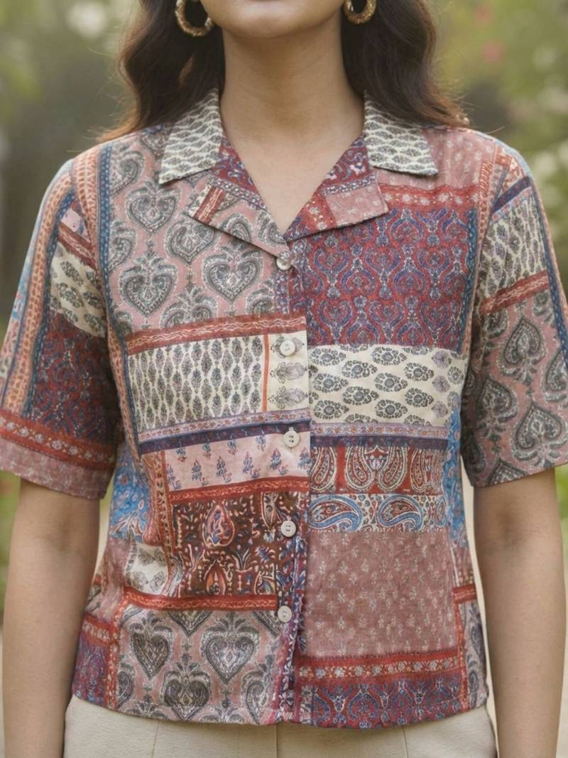 Geometric Print Bohemian Satin Shirt Style Top