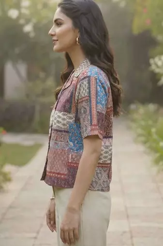 Geometric Print Bohemian Satin Shirt Style Top