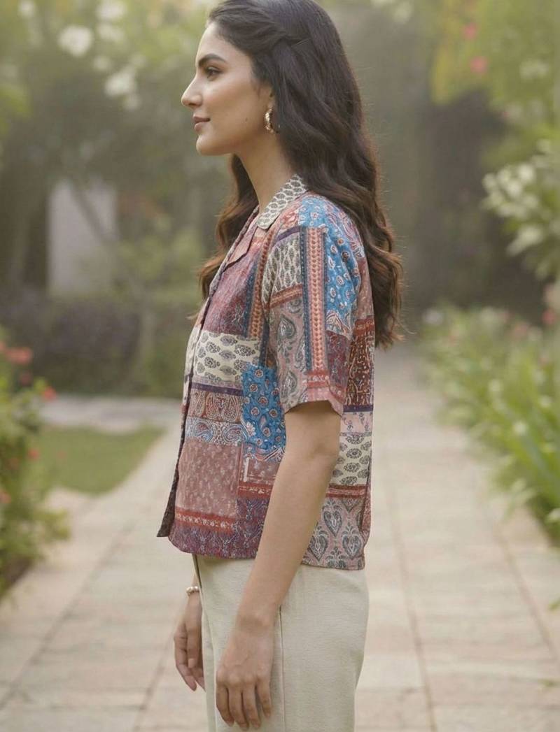 Geometric Print Bohemian Satin Shirt Style Top