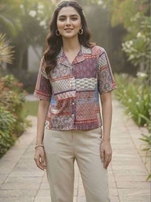 Geometric Print Bohemian Satin Shirt Style Top 5