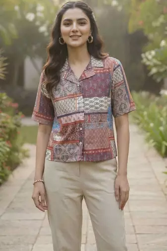 Geometric Print Bohemian Satin Shirt Style Top