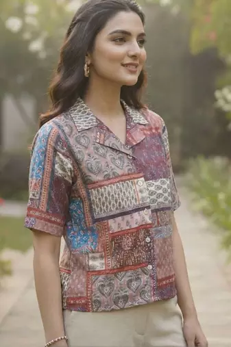Geometric Print Bohemian Satin Shirt Style Top
