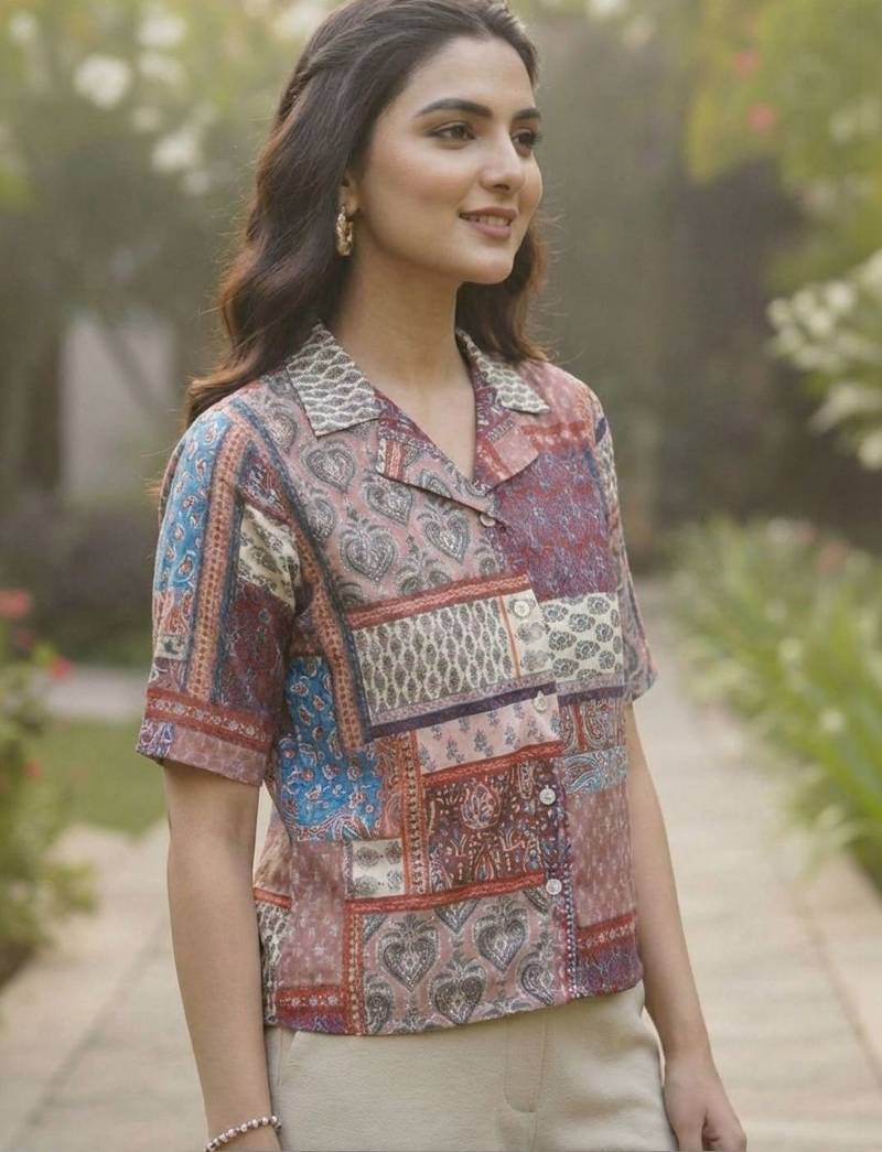 Geometric Print Bohemian Satin Shirt Style Top