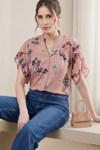 Floral Print Shirt Style Top