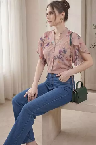 Floral Print Shirt Style Top
