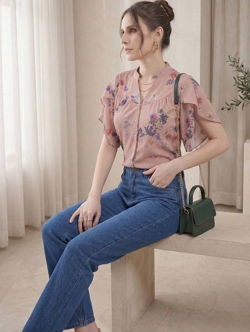 Floral Print Shirt Style Top