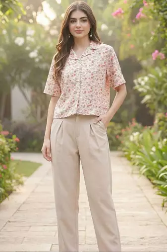 Floral Print Tropical Satin Shirt Style Top