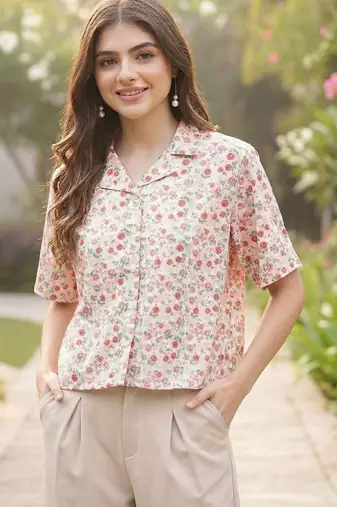 Floral Print Tropical Satin Shirt Style Top