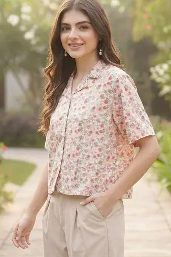 Floral Print Tropical Satin Shirt Style Top