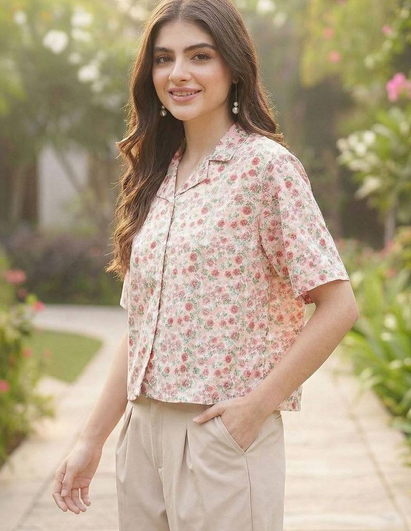 Floral Print Tropical Satin Shirt Style Top