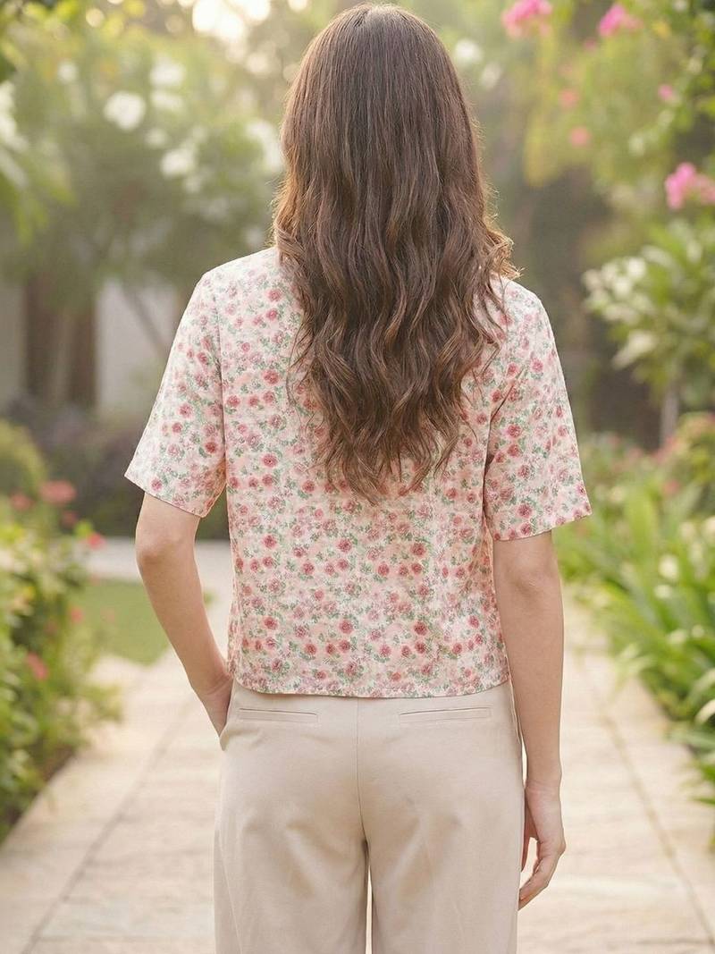 Floral Print Tropical Satin Shirt Style Top