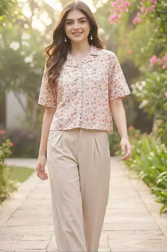 Floral Print Tropical Satin Shirt Style Top