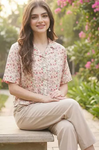 Floral Print Tropical Satin Shirt Style Top