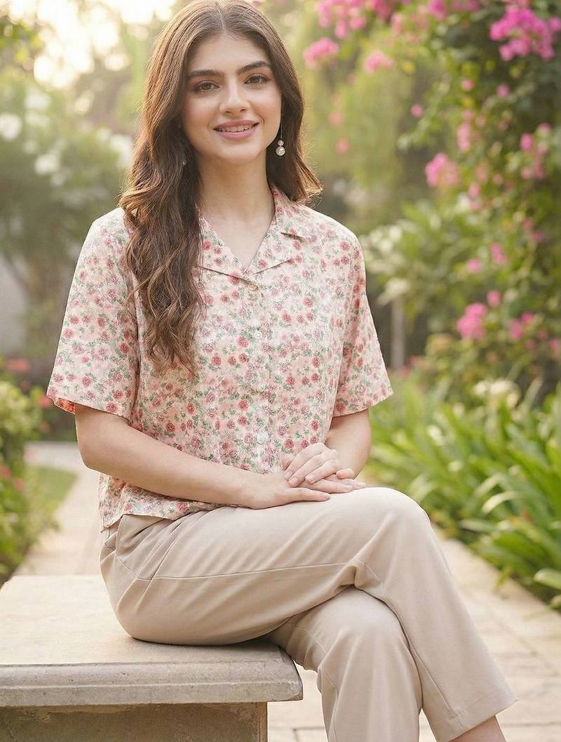 Floral Print Tropical Satin Shirt Style Top