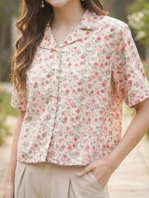 Floral Print Tropical Satin Shirt Style Top 7