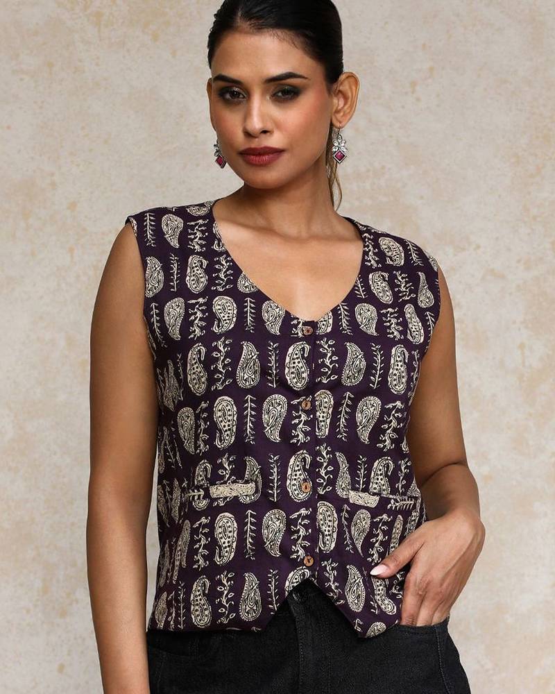 Women Paisley Printed Cotton Open Vest Top