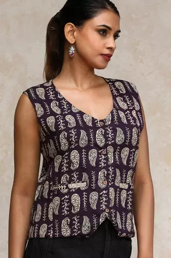 Women Paisley Printed Cotton Open Vest Top