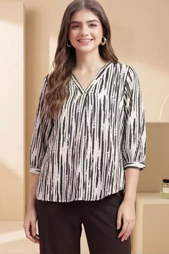 Print Puff Sleeve Satin Blend Top