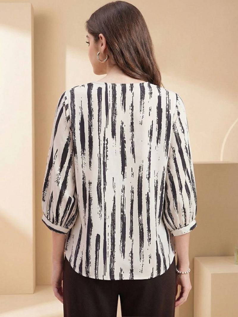 Print Puff Sleeve Satin Blend Top