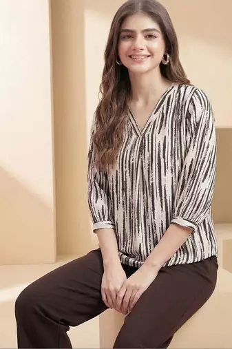 Print Puff Sleeve Satin Blend Top
