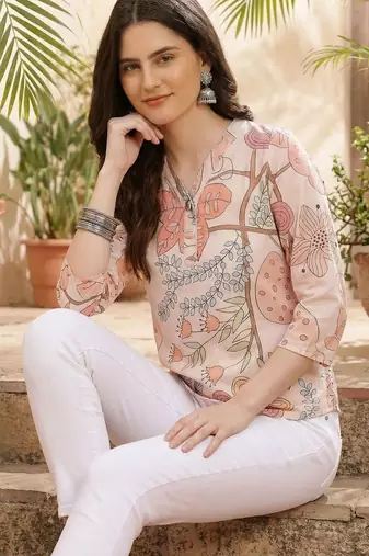 Floral Print Mandarin Collar Top