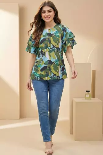 Floral Print Bishop Sleeves Satin Blend Top