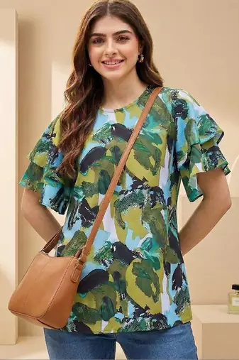 Floral Print Bishop Sleeves Satin Blend Top
