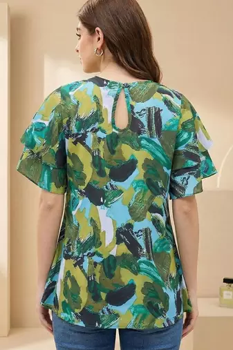 Floral Print Bishop Sleeves Satin Blend Top