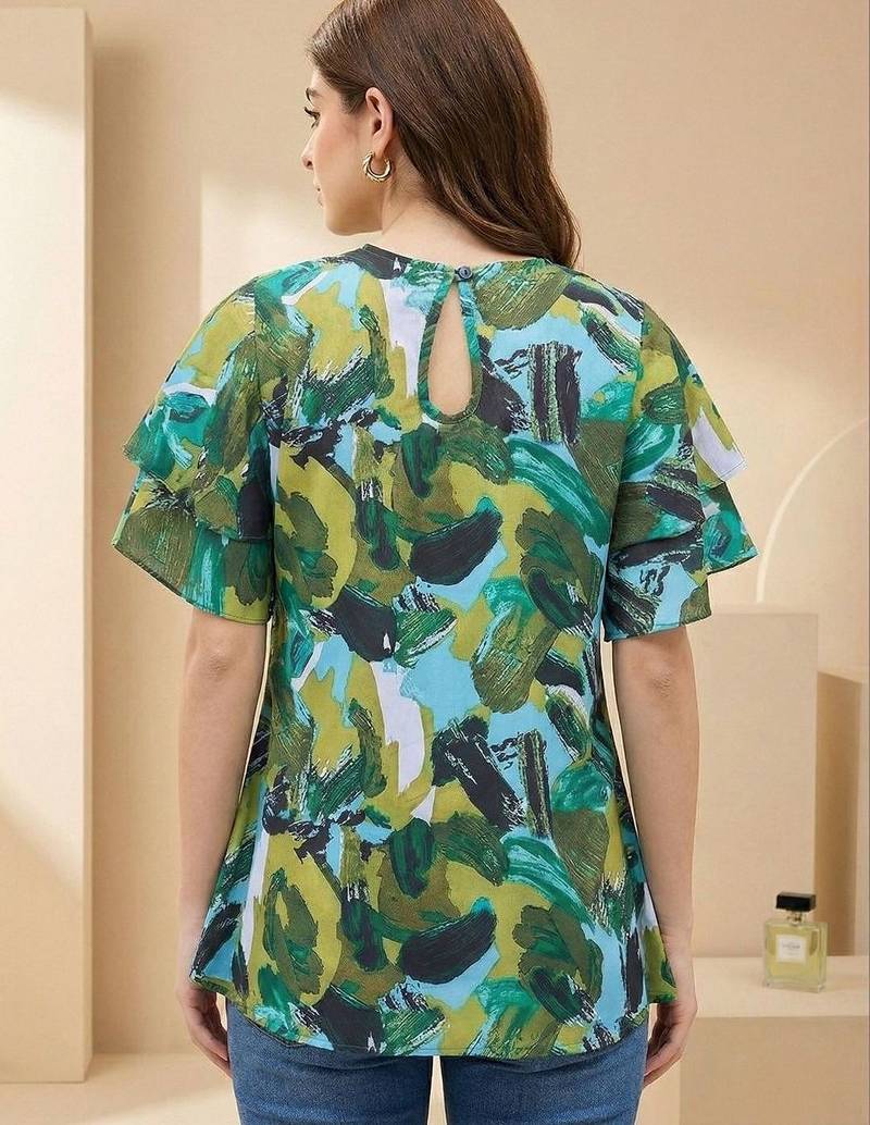 Floral Print Bishop Sleeves Satin Blend Top