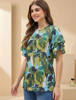 Floral Print Bishop Sleeves Satin Blend Top 5
