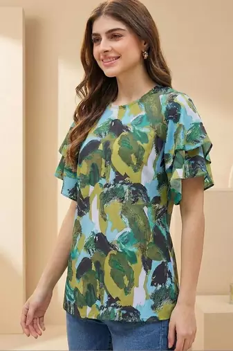 Floral Print Bishop Sleeves Satin Blend Top
