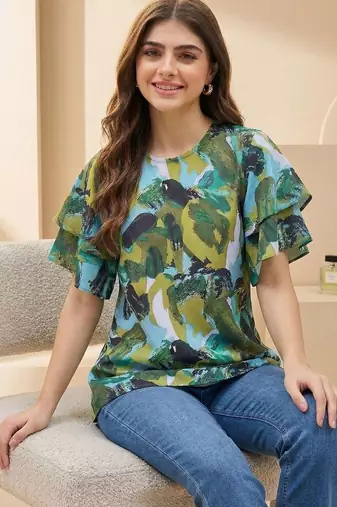 Floral Print Bishop Sleeves Satin Blend Top