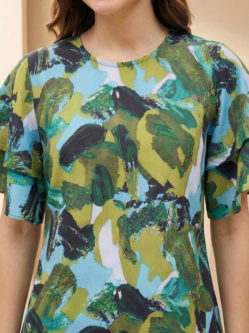 Floral Print Bishop Sleeves Satin Blend Top